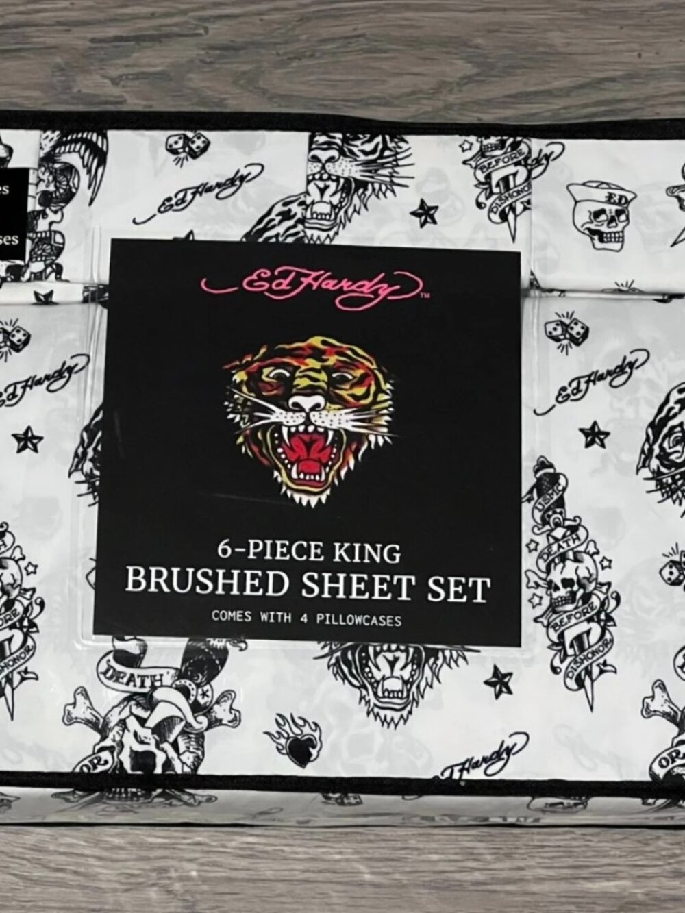 ED HARDY KING White Black Sheet Set 6pc New Tattoo Skull Dagger Tiger Y2K Grunge